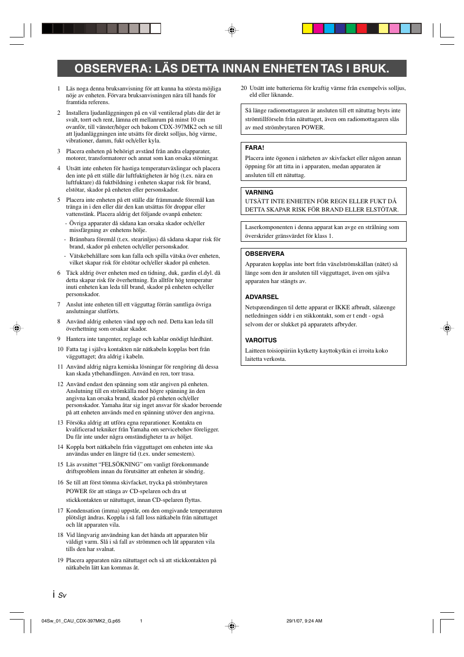 Svenska, Observera: läs detta innan enheten tas i bruk | Yamaha CDX-397MK2 User Manual | Page 77 / 228