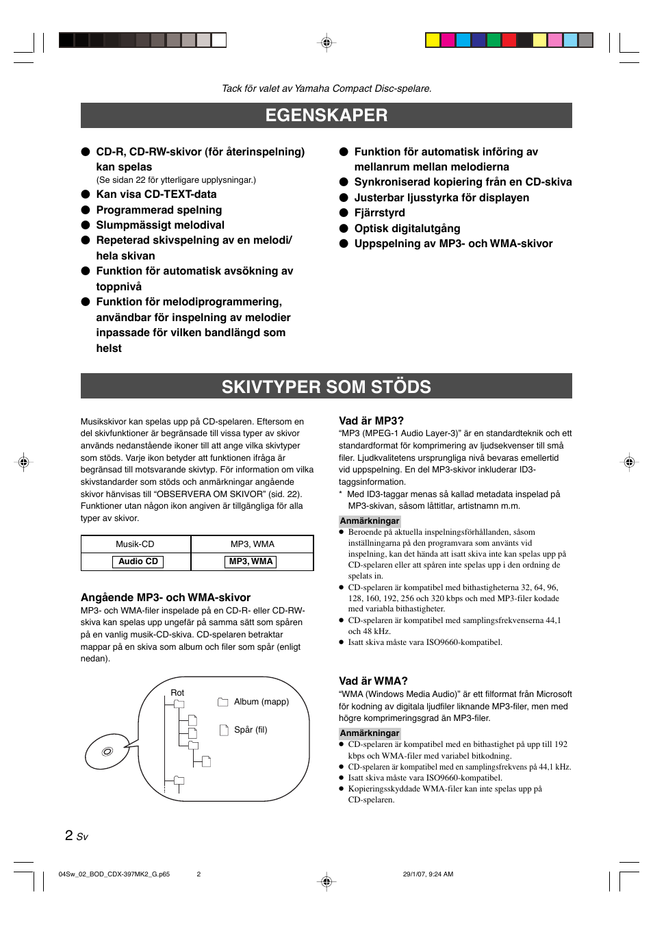 Egenskaper, Skivtyper som stöds | Yamaha CDX-397MK2 User Manual | Page 79 / 228