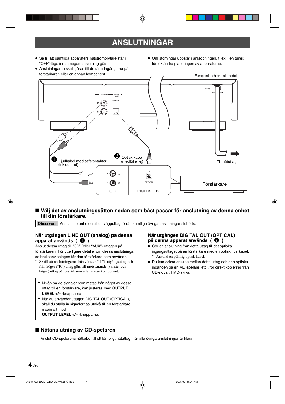 Anslutningar, Nätanslutning av cd-spelaren, Förstärkare | Yamaha CDX-397MK2 User Manual | Page 81 / 228
