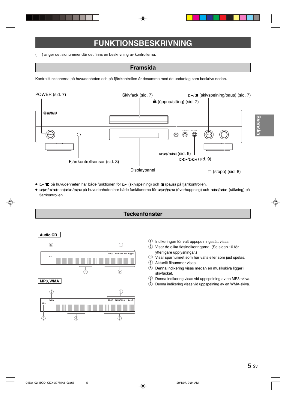 Funktionsbeskrivning, Framsida, Teckenfönster | Framsida teckenfönster, Svenska | Yamaha CDX-397MK2 User Manual | Page 82 / 228