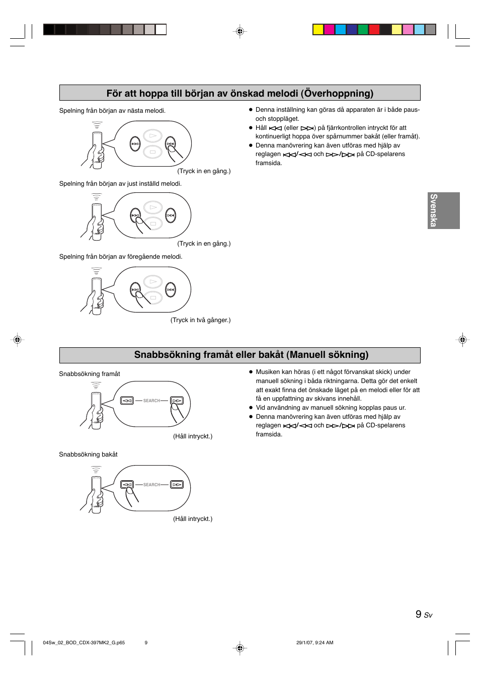 Snabbsökning framåt eller bakåt (manuell sökning), Svenska | Yamaha CDX-397MK2 User Manual | Page 86 / 228