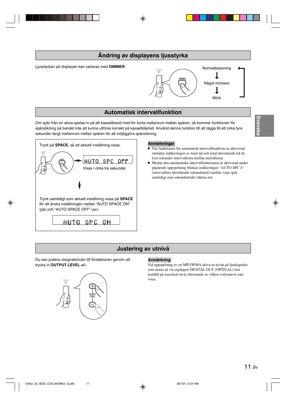 Ändring av displayens ljusstyrka, Automatisk intervallfunktion, Justering av utnivå | Svenska | Yamaha CDX-397MK2 User Manual | Page 88 / 228