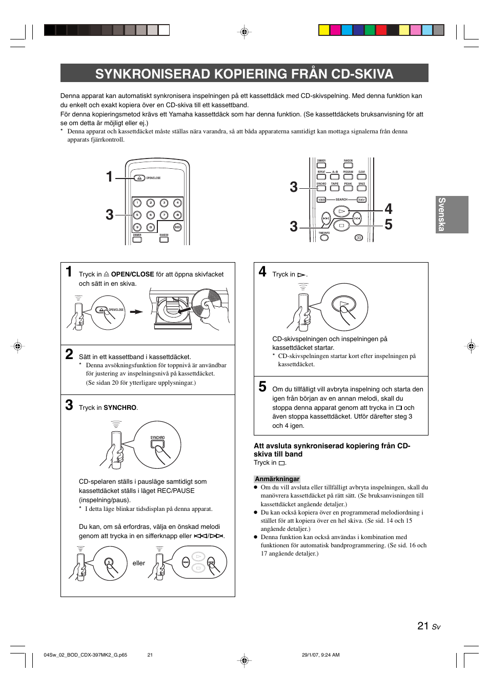 Synkroniserad kopiering från cd-skiva, Svenska | Yamaha CDX-397MK2 User Manual | Page 98 / 228