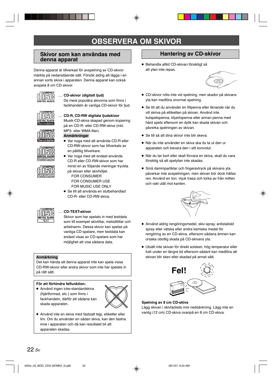 Observera om skivor, Skivor som kan användas med denna apparat, Hantering av cd-skivor | Yamaha CDX-397MK2 User Manual | Page 99 / 228