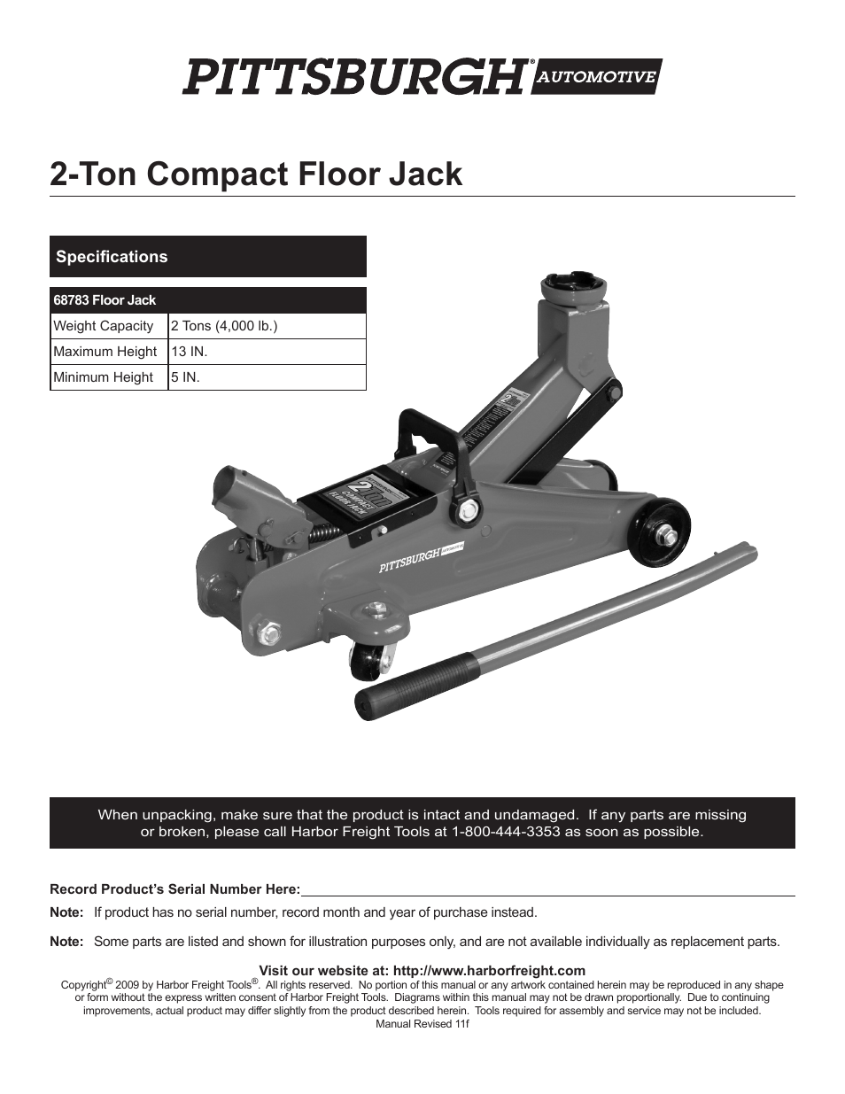 Harbor Freight Tools 2-Ton Compact Floor Jack 68783 User Manual | 8 pages