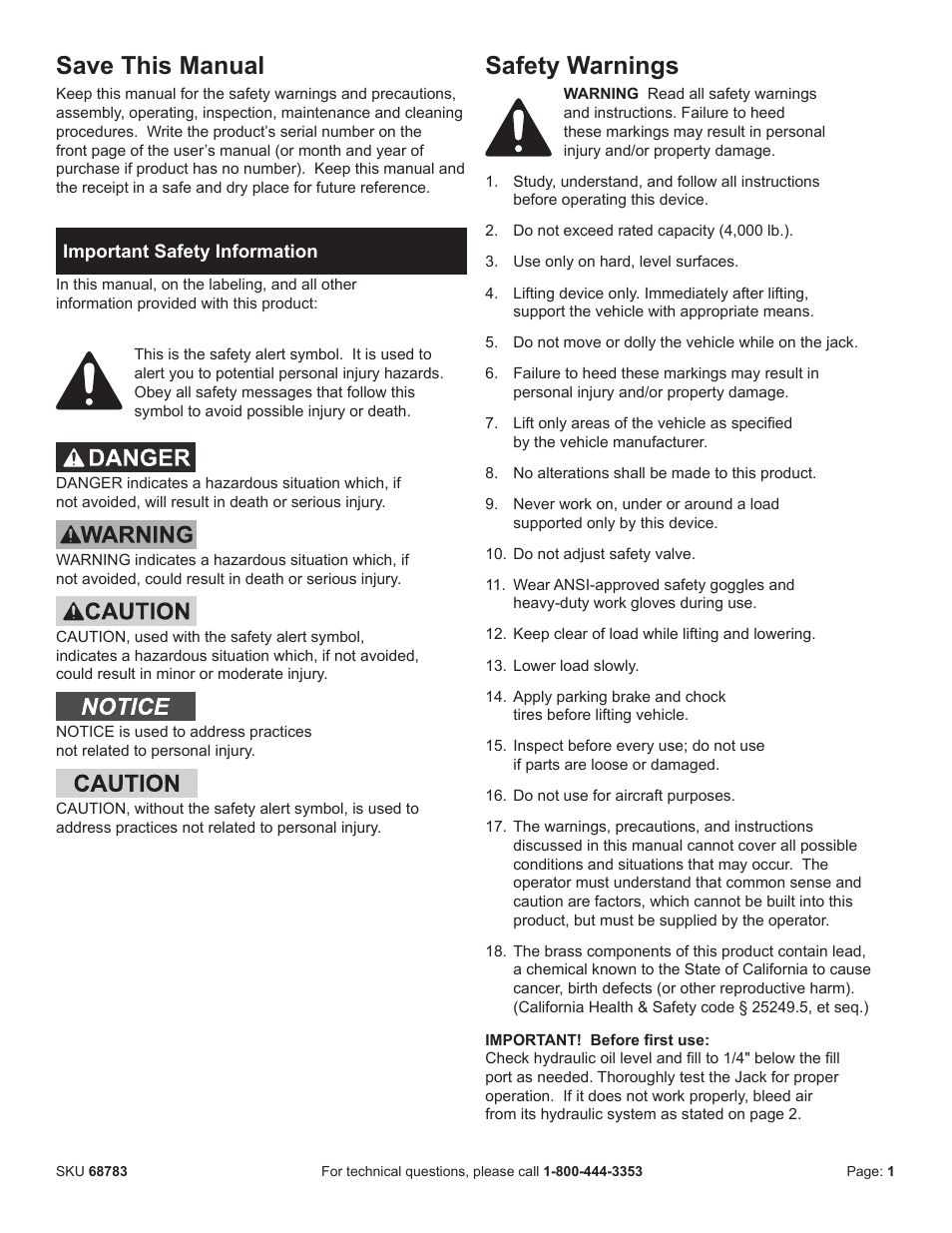 Save this manual, Safety warnings | Harbor Freight Tools 2-Ton Compact Floor Jack 68783 User Manual | Page 2 / 8