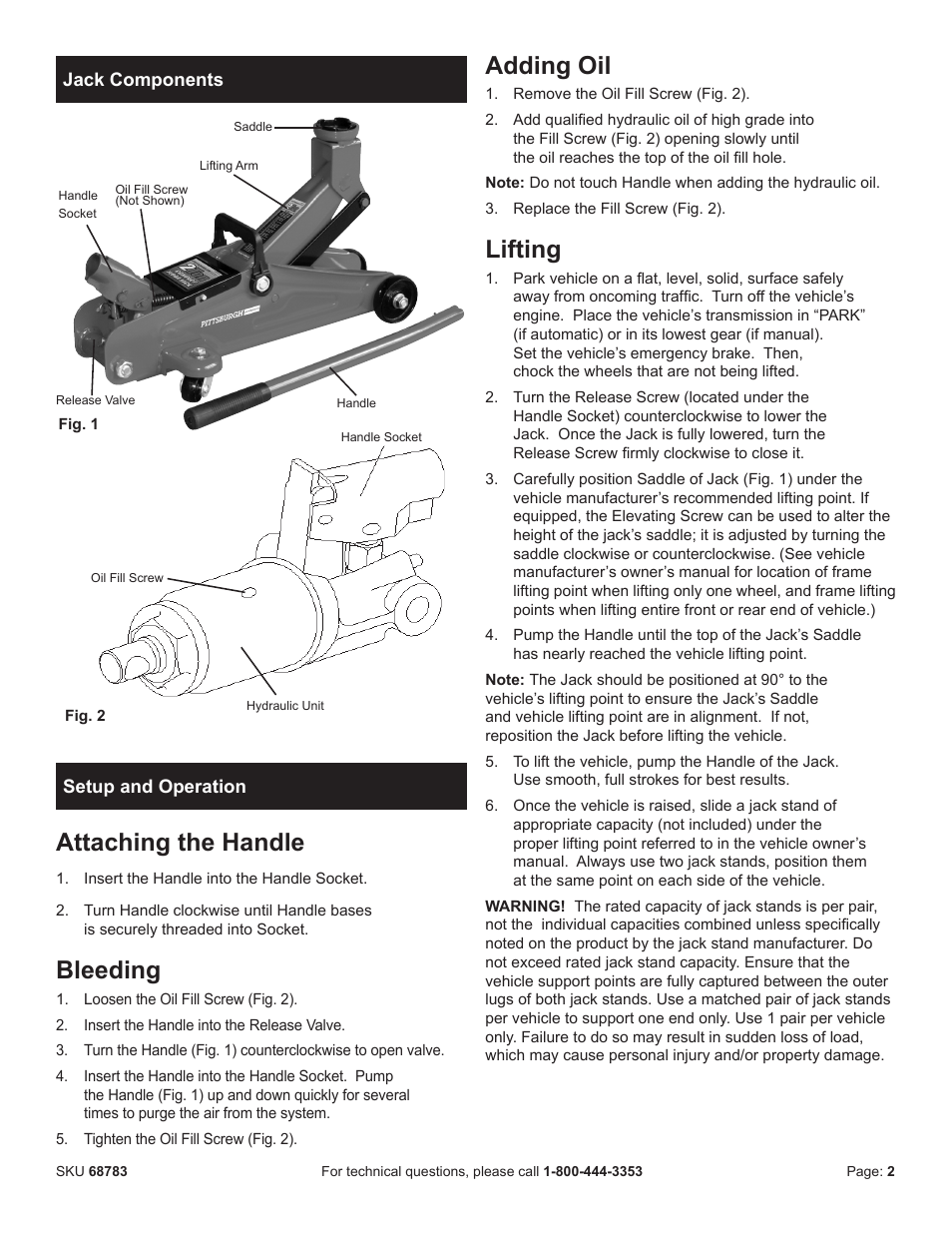 Attaching the handle, Bleeding, Adding oil | Lifting | Harbor Freight Tools 2-Ton Compact Floor Jack 68783 User Manual | Page 3 / 8