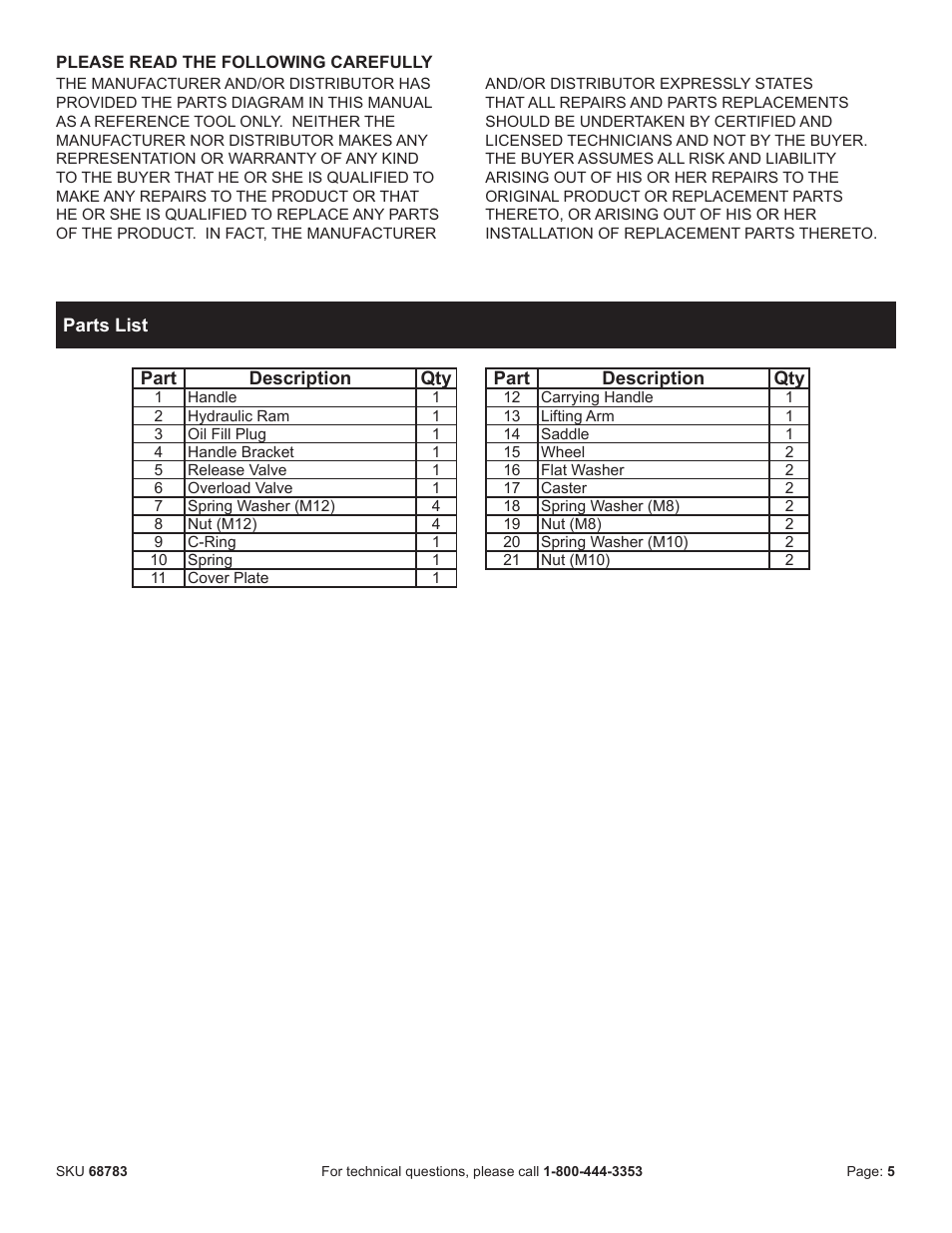 Harbor Freight Tools 2-Ton Compact Floor Jack 68783 User Manual | Page 6 / 8