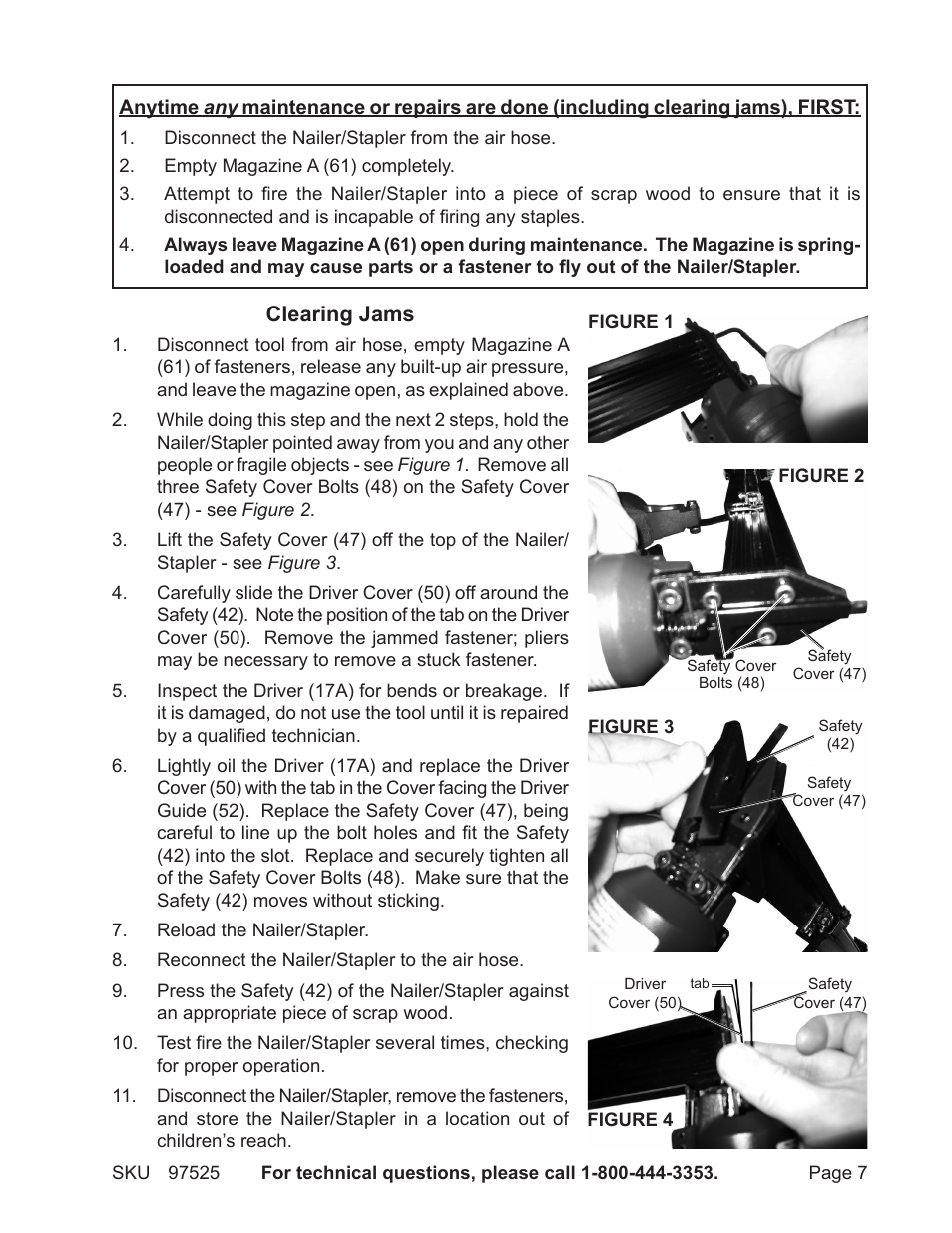 Clearing jams | Harbor Freight Tools Central Pneumatic AIr Nailer/Stapler 2-in-1 Kit 97525 User Manual | Page 7 / 11