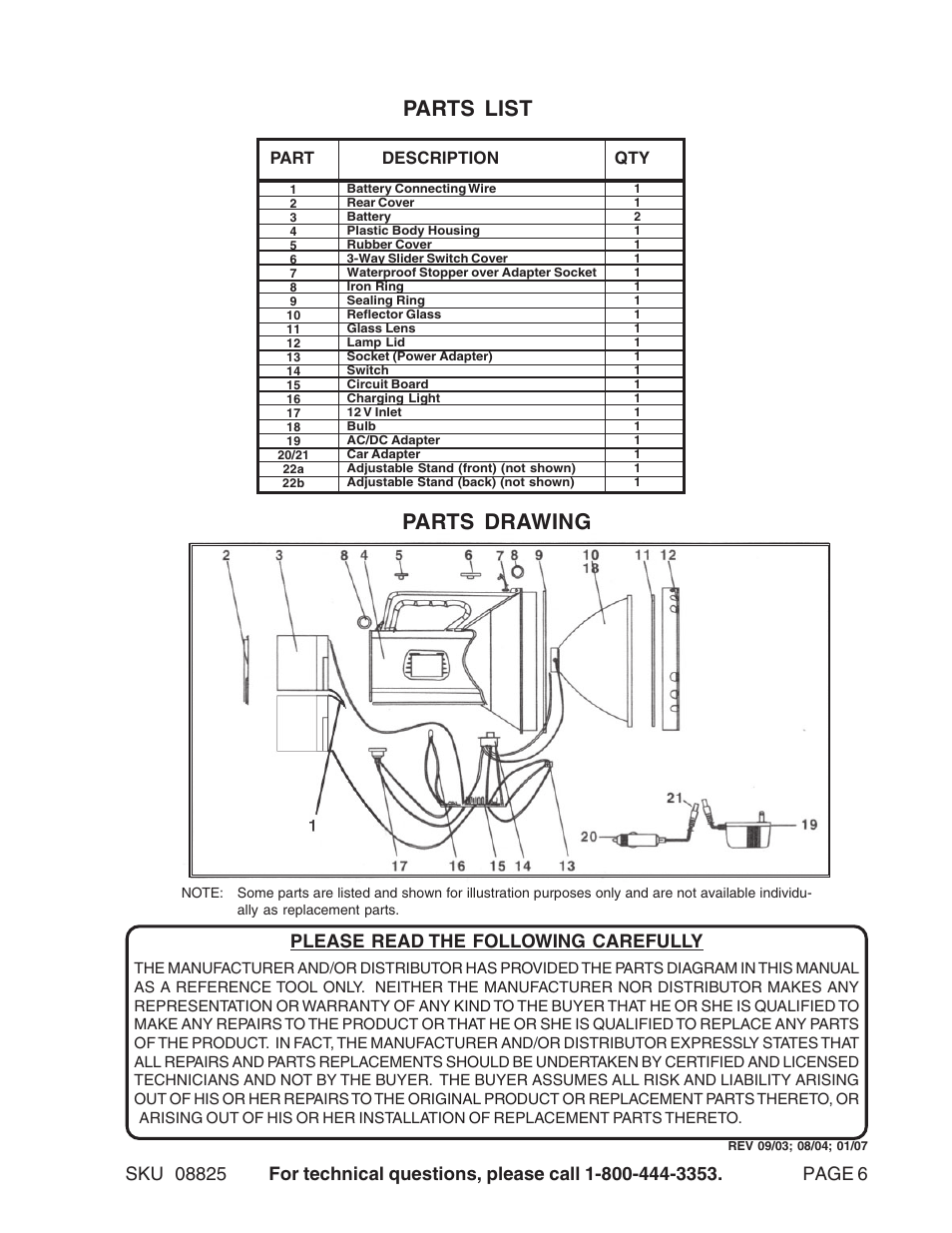 Parts drawing parts list | Harbor Freight Tools 08825 User Manual | Page 6 / 6