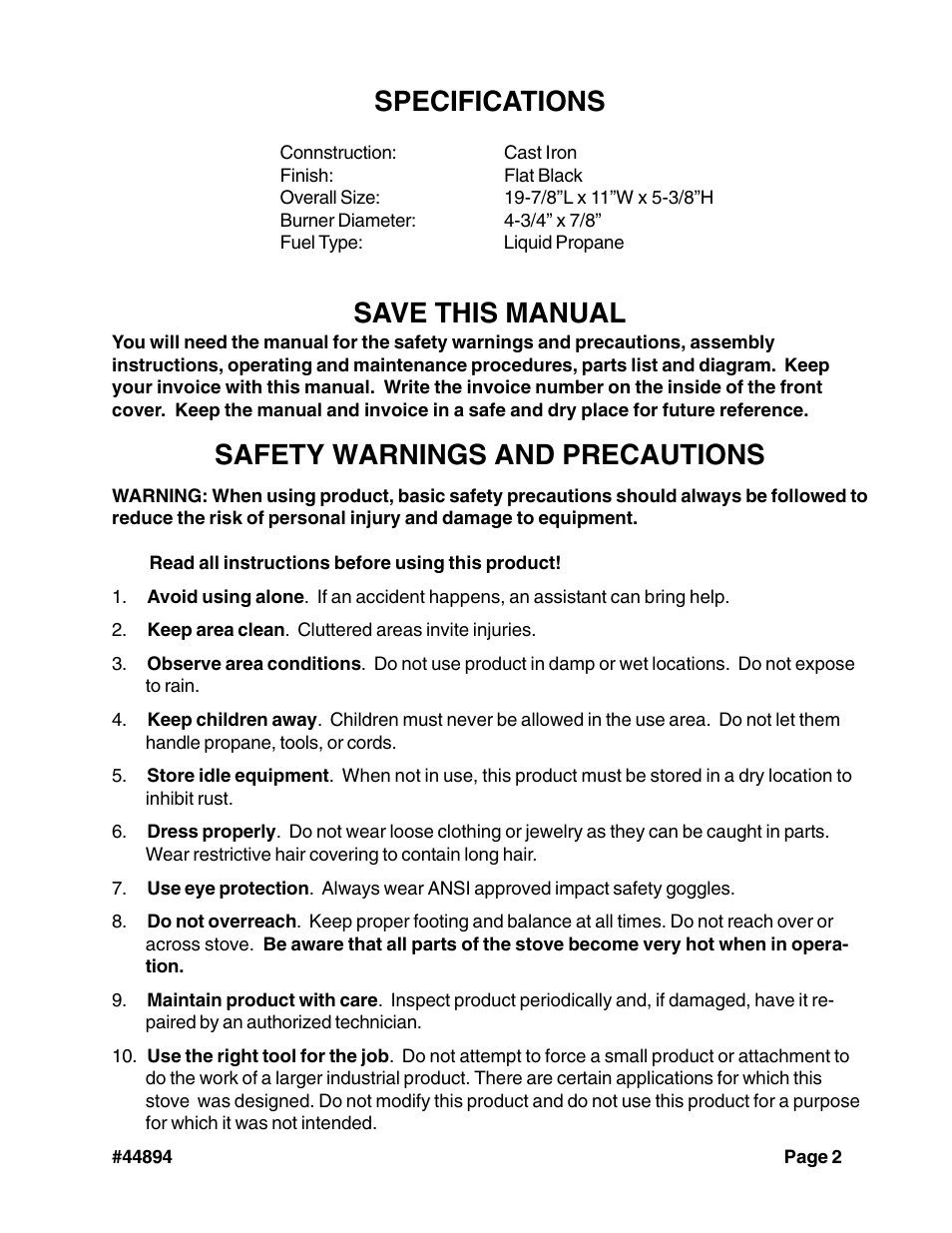 Specifications, Save this manual, Safety warnings and precautions | Harbor Freight Tools 44894 User Manual | Page 2 / 8