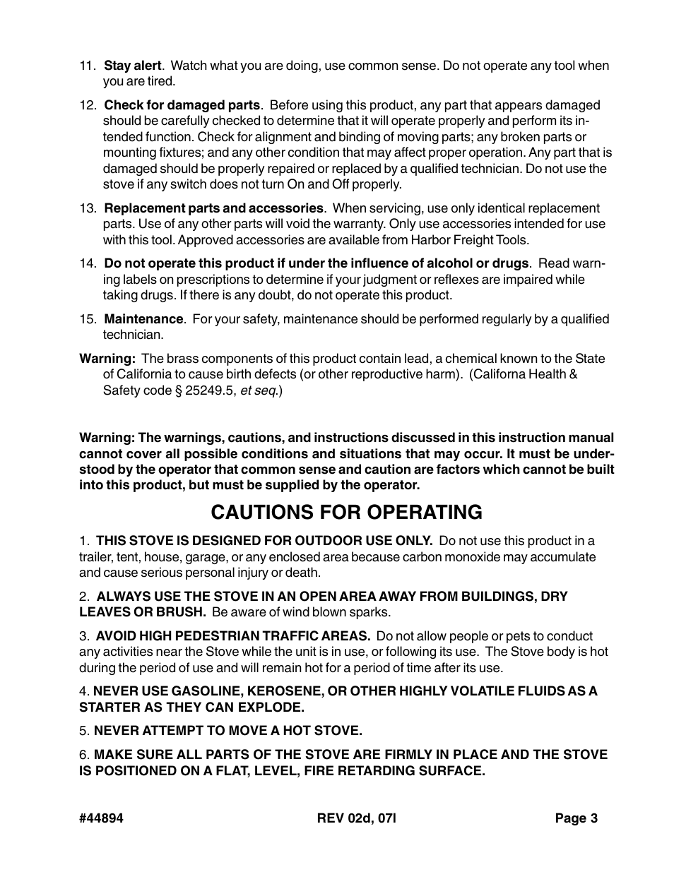 Cautions for operating | Harbor Freight Tools 44894 User Manual | Page 3 / 8