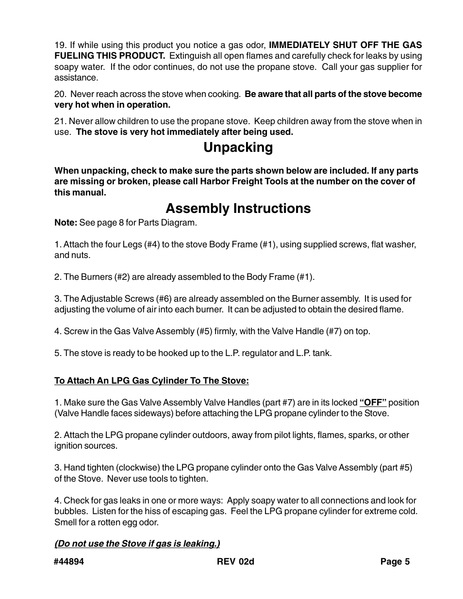 Unpacking, Assembly instructions | Harbor Freight Tools 44894 User Manual | Page 5 / 8