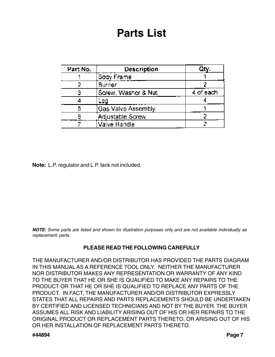Parts list | Harbor Freight Tools 44894 User Manual | Page 7 / 8