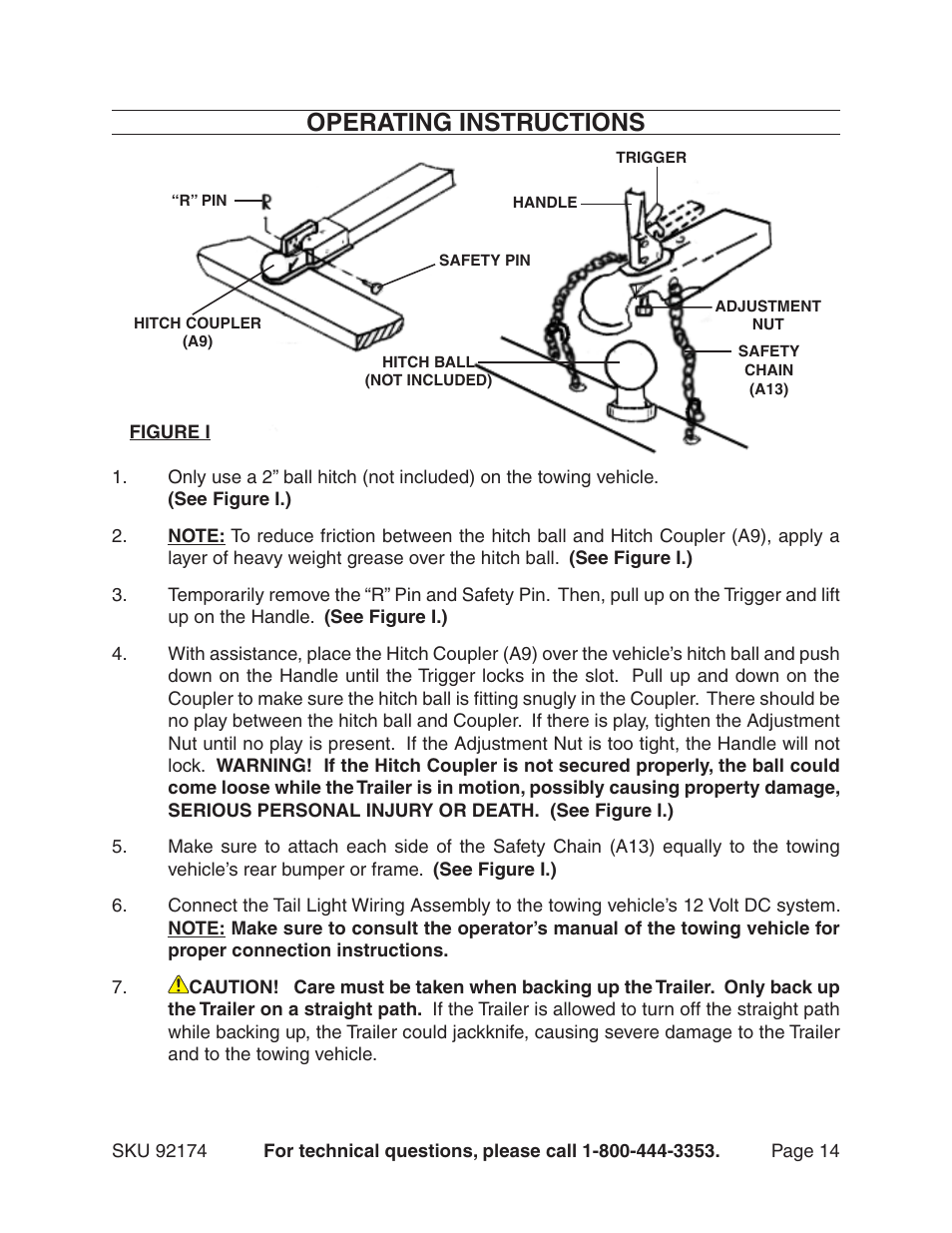 Operating instructions | Harbor Freight Tools 92174 User Manual | Page 14 / 24