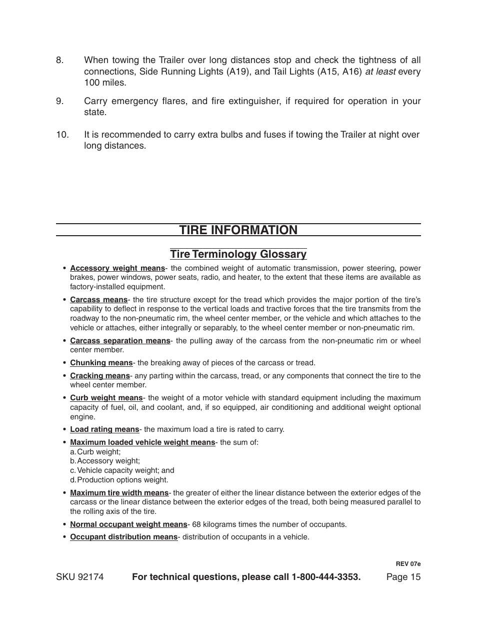 Tire information, Tire terminology glossary | Harbor Freight Tools 92174 User Manual | Page 15 / 24