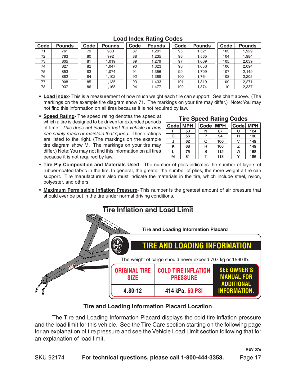 Tire and loading information, Tire inflation and load limit, Load index rating codes | Tire speed rating codes | Harbor Freight Tools 92174 User Manual | Page 17 / 24