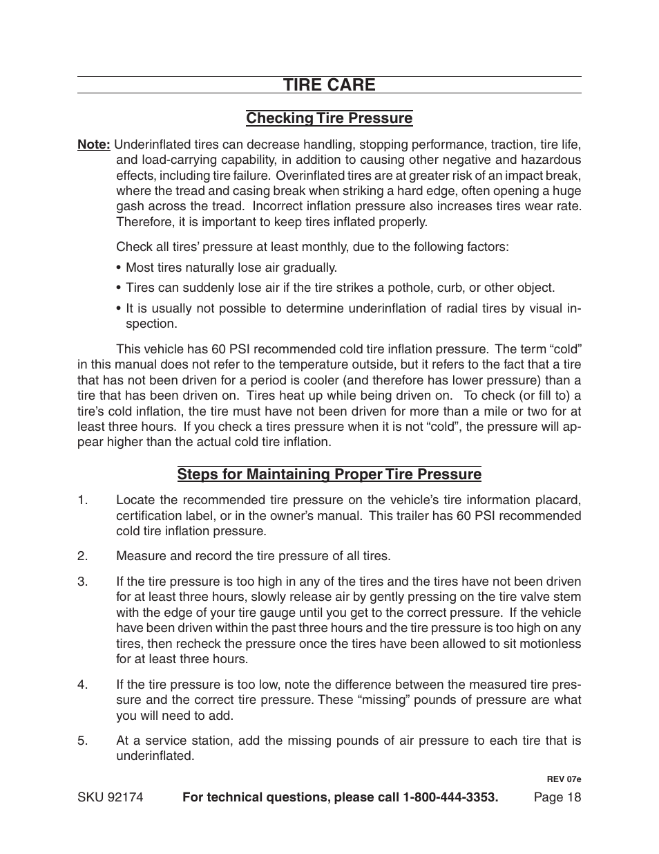 Tire care | Harbor Freight Tools 92174 User Manual | Page 18 / 24