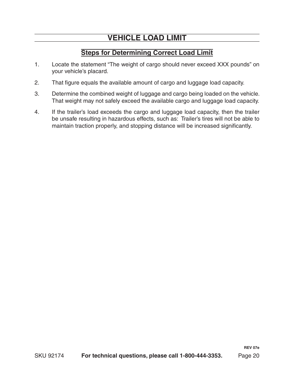 Vehicle load limit | Harbor Freight Tools 92174 User Manual | Page 20 / 24