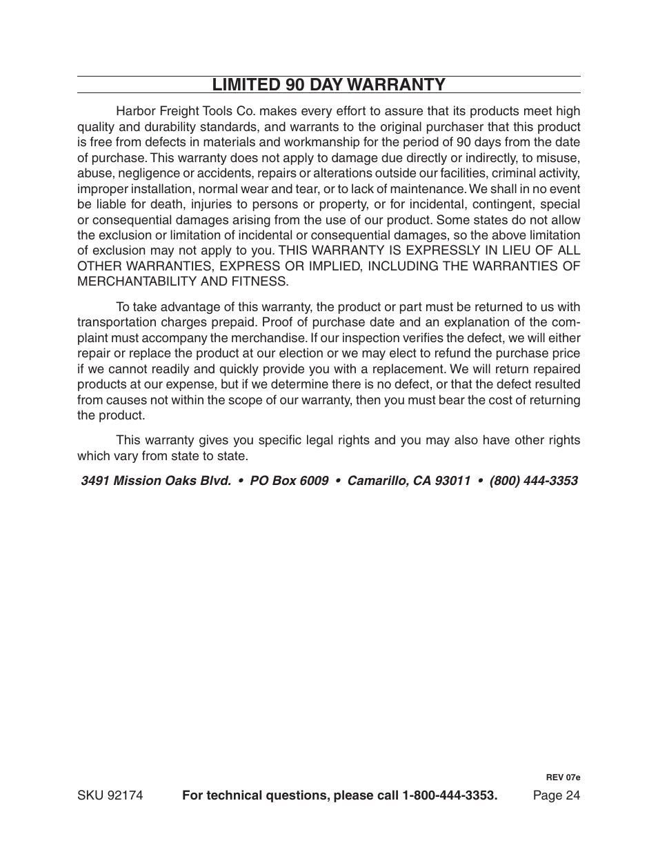 Limited 90 day warranty | Harbor Freight Tools 92174 User Manual | Page 24 / 24