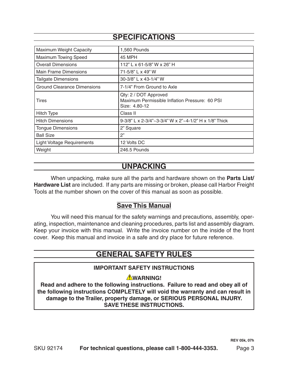 Specifications, Unpacking, General safety rules | Save this manual | Harbor Freight Tools 92174 User Manual | Page 3 / 24