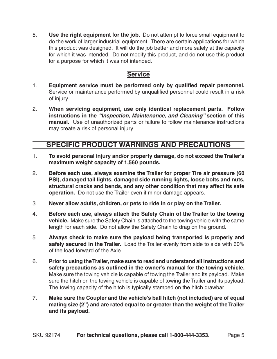 Specific product warnings and precautions | Harbor Freight Tools 92174 User Manual | Page 5 / 24
