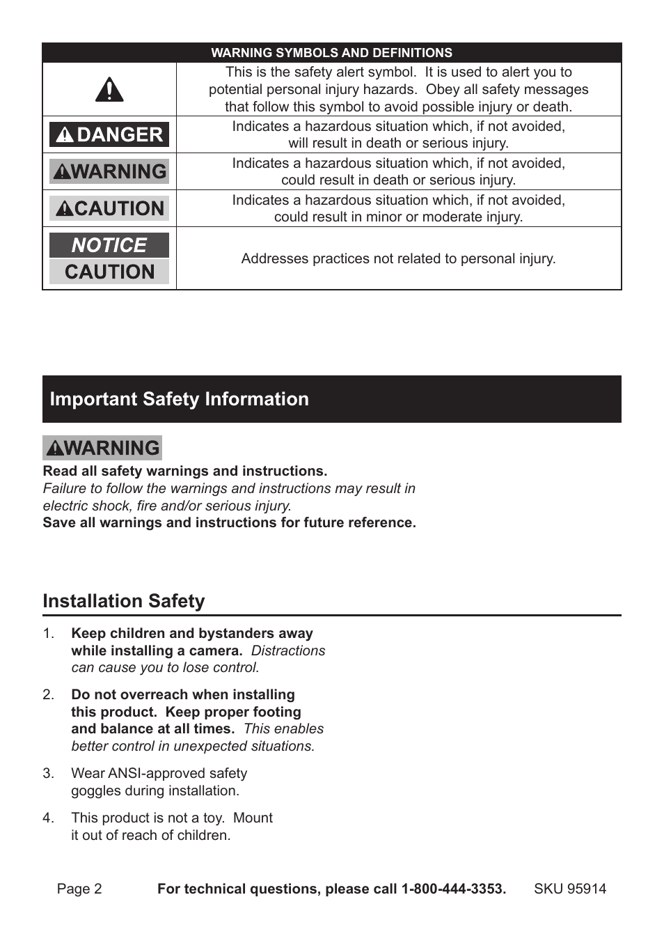 Important safety information, Installation safety | Harbor Freight Tools 95914 User Manual | Page 2 / 12