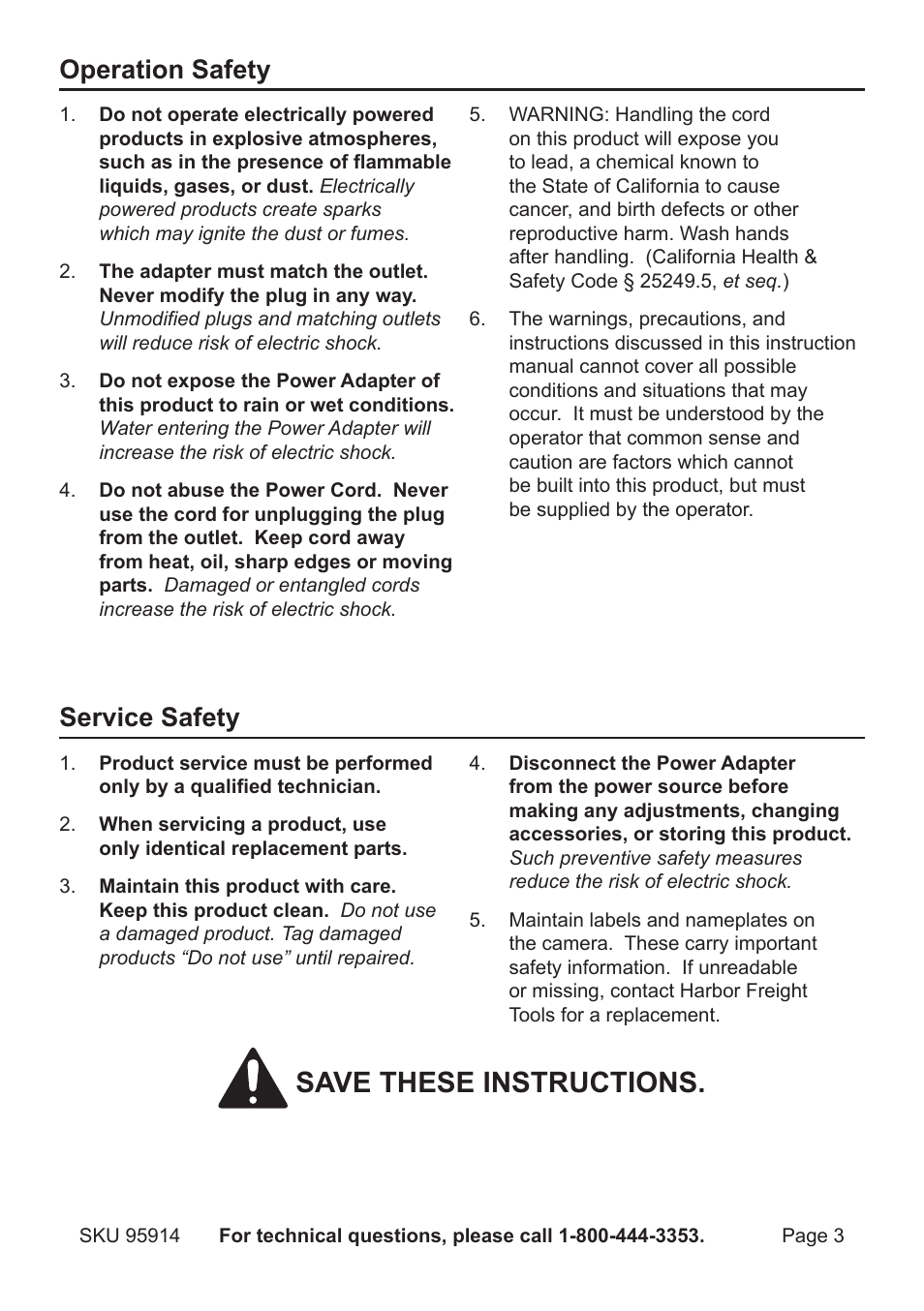 Save these instructions, Operation safety, Service safety | Harbor Freight Tools 95914 User Manual | Page 3 / 12