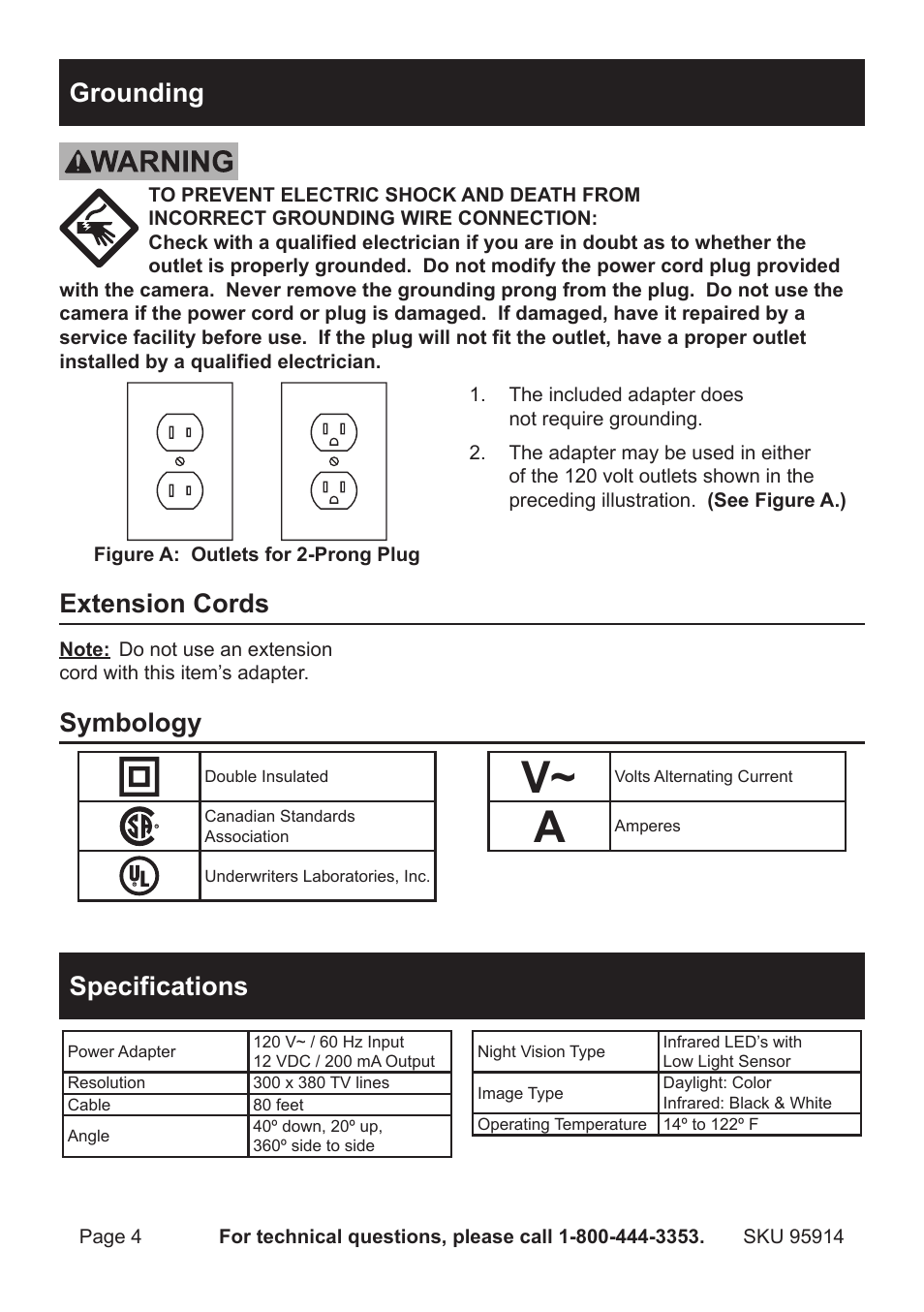 Grounding, Extension cords, Symbology | Specifications | Harbor Freight Tools 95914 User Manual | Page 4 / 12