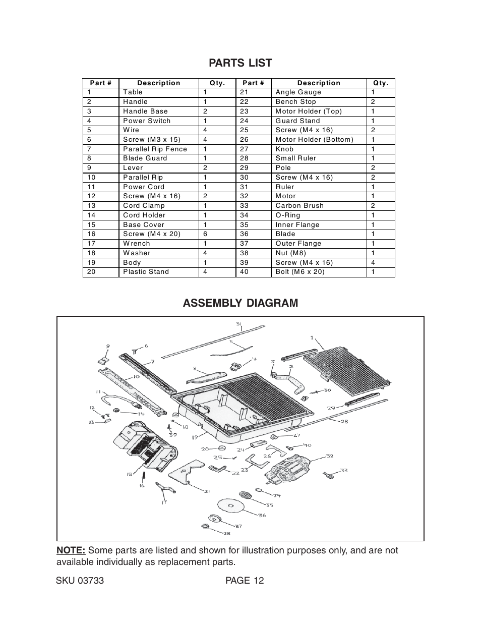 Parts list, Assembly diagram | Harbor Freight Tools 03733 User Manual | Page 12 / 12