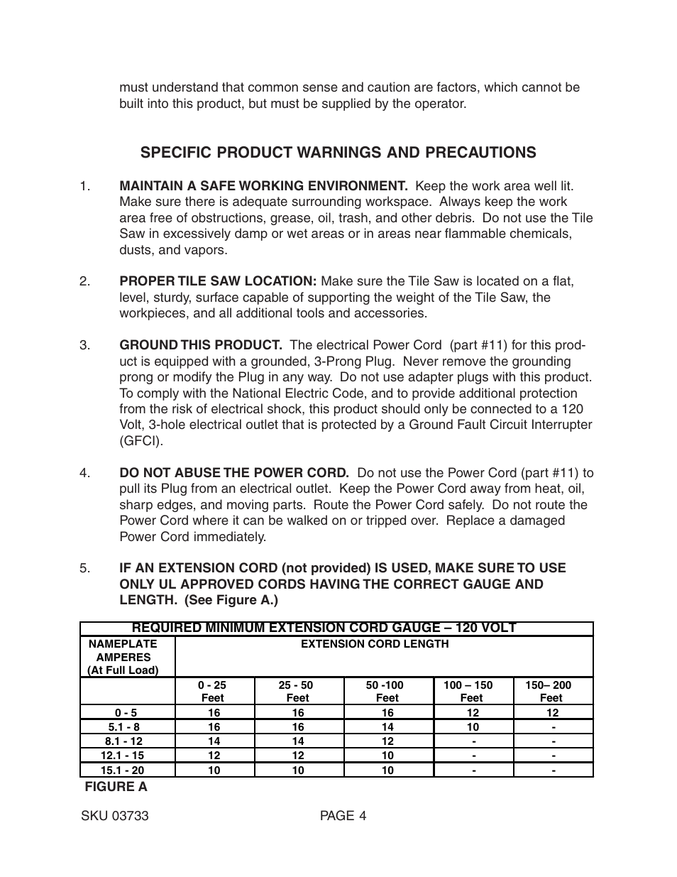 Specific product warnings and precautions | Harbor Freight Tools 03733 User Manual | Page 4 / 12