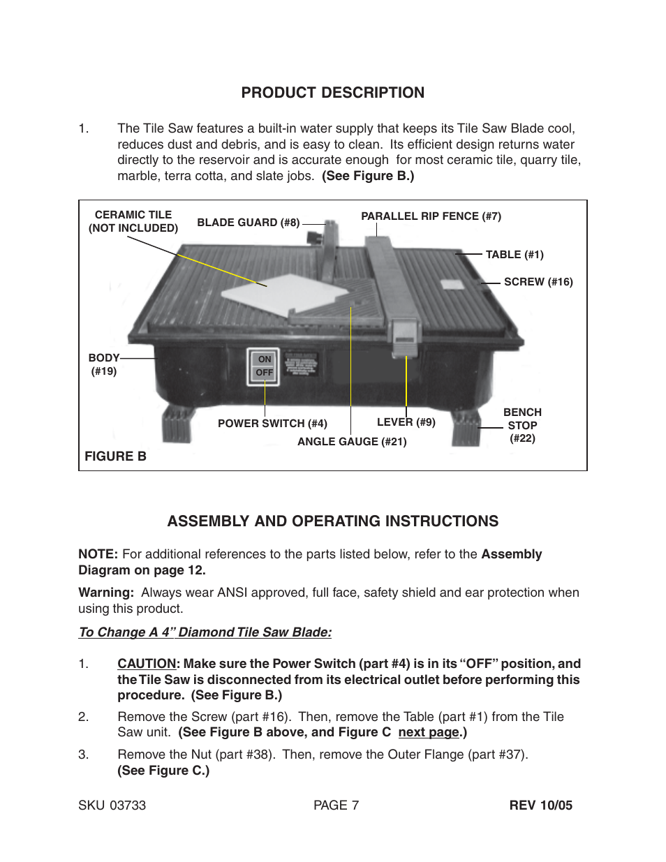 Product description, Assembly and operating instructions | Harbor Freight Tools 03733 User Manual | Page 7 / 12