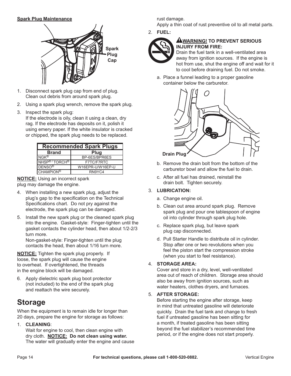 Storage, Recommended spark plugs | Harbor Freight Tools 68122 User Manual | Page 14 / 24