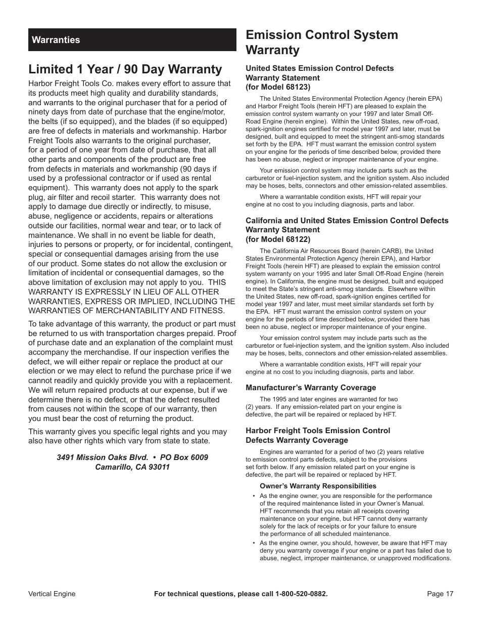 Limited 1 year / 90 day warranty, Emission control system warranty, Warranties | Harbor Freight Tools 68122 User Manual | Page 17 / 24