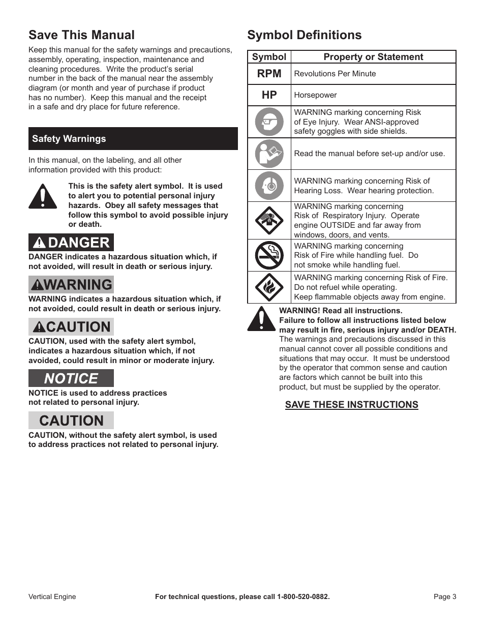 Save this manual, Symbol definitions | Harbor Freight Tools 68122 User Manual | Page 3 / 24