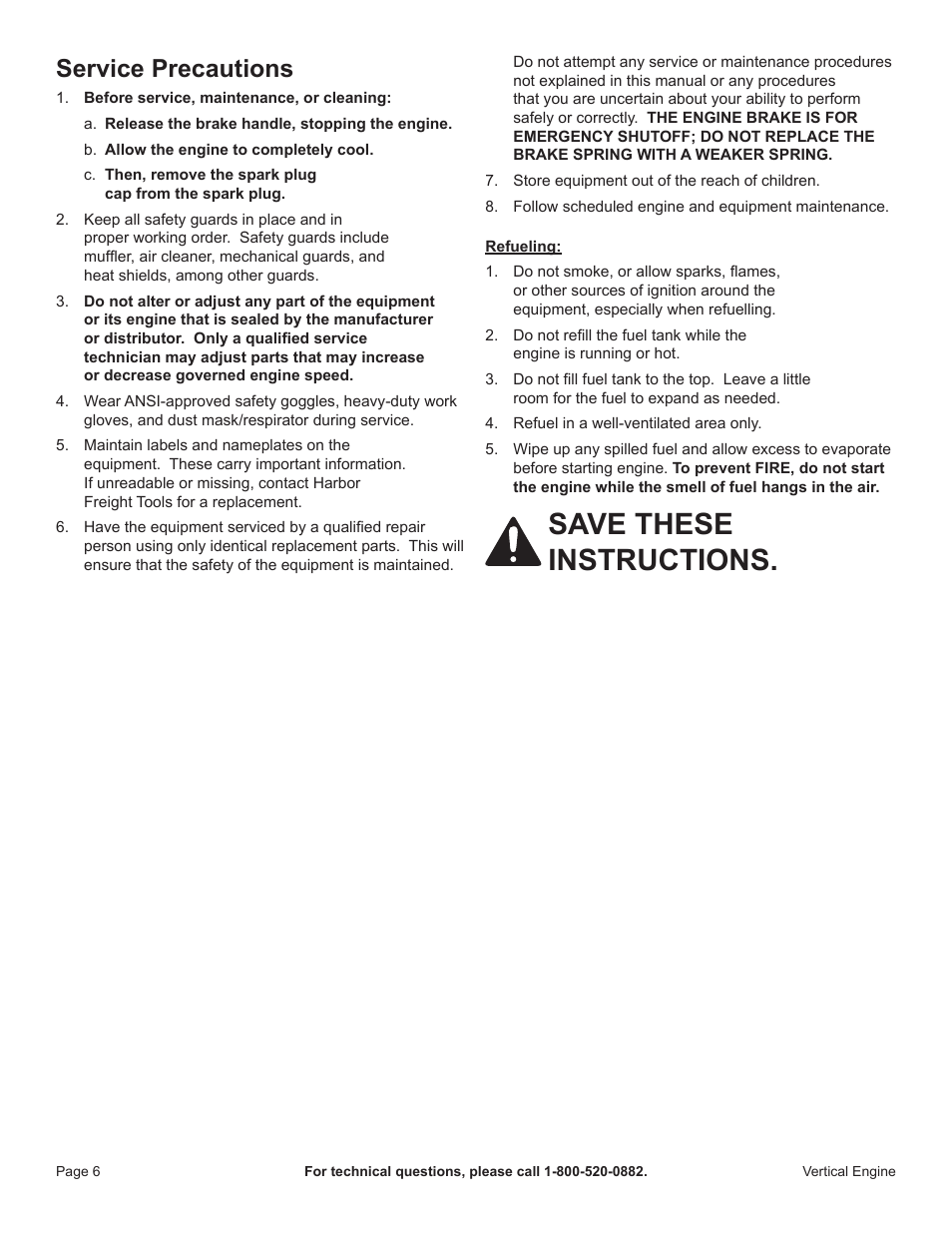 Save these instructions, Service precautions | Harbor Freight Tools 68122 User Manual | Page 6 / 24