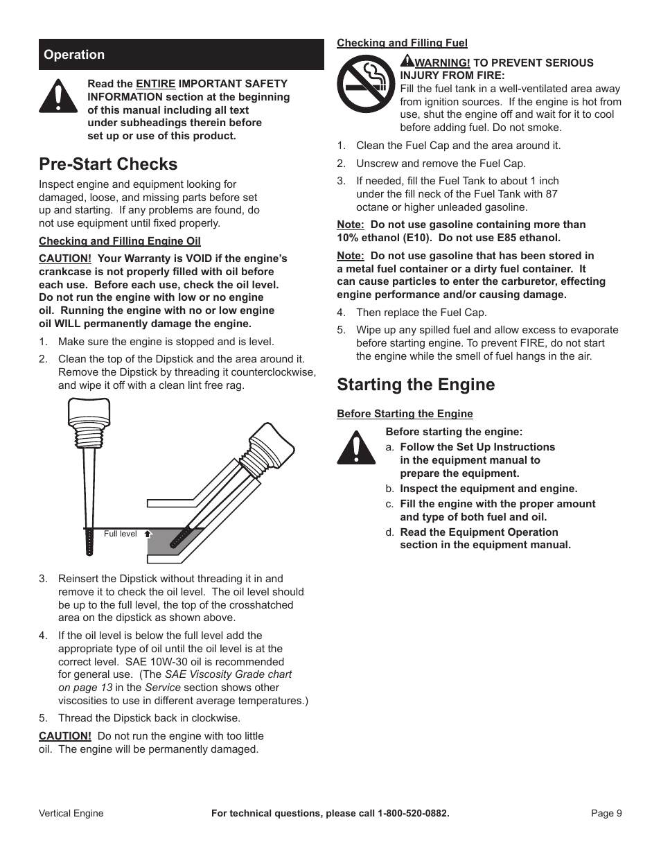 Pre-start checks, Starting the engine | Harbor Freight Tools 68122 User Manual | Page 9 / 24