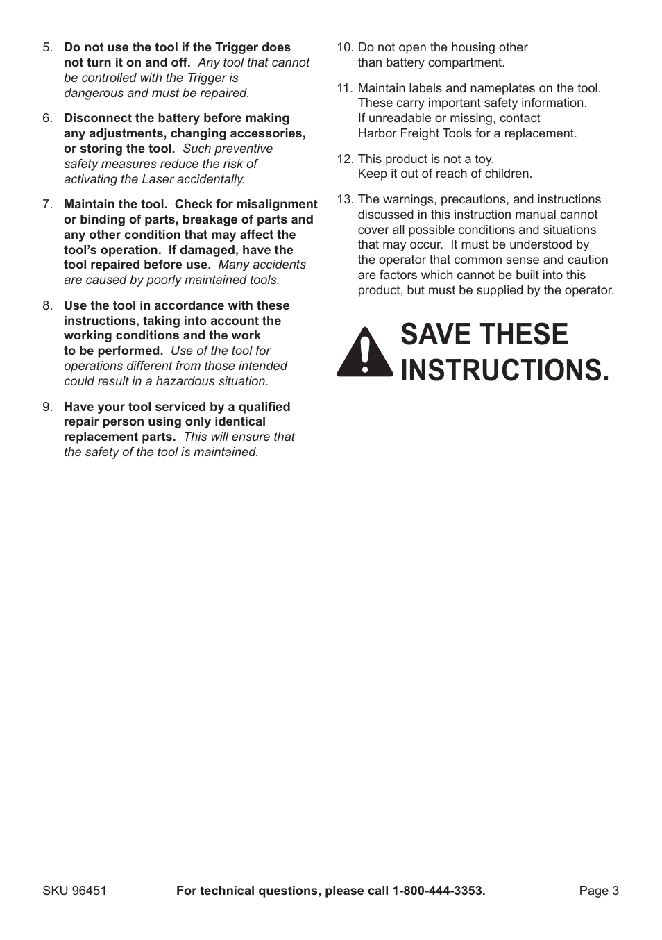 Save these instructions | Harbor Freight Tools 96451 User Manual | Page 3 / 8