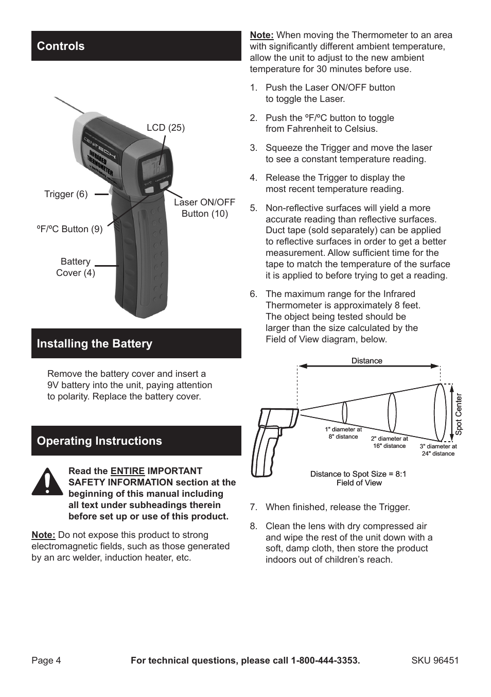 Controls, Installing the battery, Operating instructions | Harbor Freight Tools 96451 User Manual | Page 4 / 8