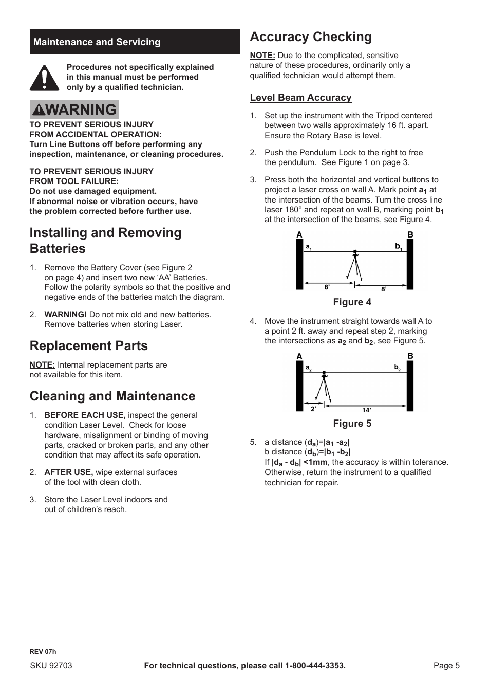 Installing and removing batteries, Replacement parts, Cleaning and maintenance | Accuracy checking | Harbor Freight Tools 92703 User Manual | Page 5 / 8