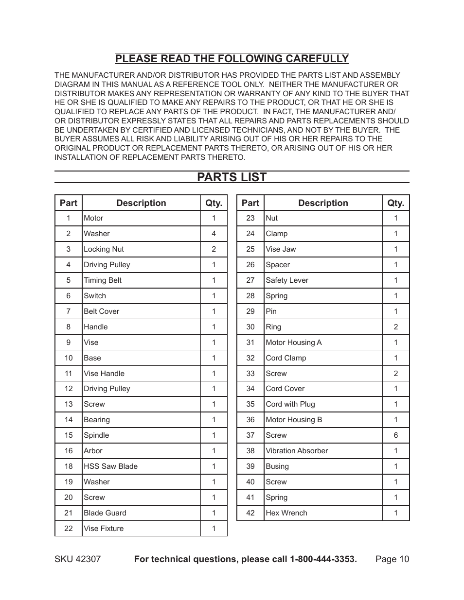 Parts list, Please read the following carefully | Harbor Freight Tools 42307 User Manual | Page 10 / 12