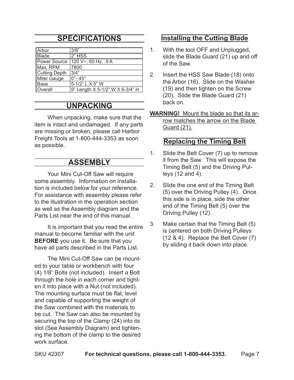 Specifications, Unpacking, Assembly | Harbor Freight Tools 42307 User Manual | Page 7 / 12