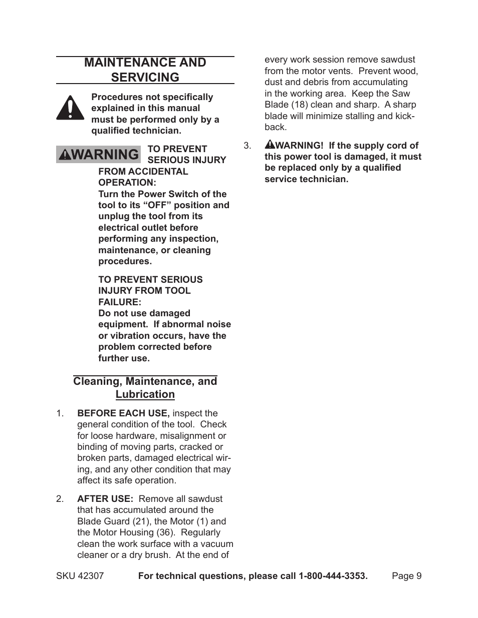 Maintenance and servicing | Harbor Freight Tools 42307 User Manual | Page 9 / 12