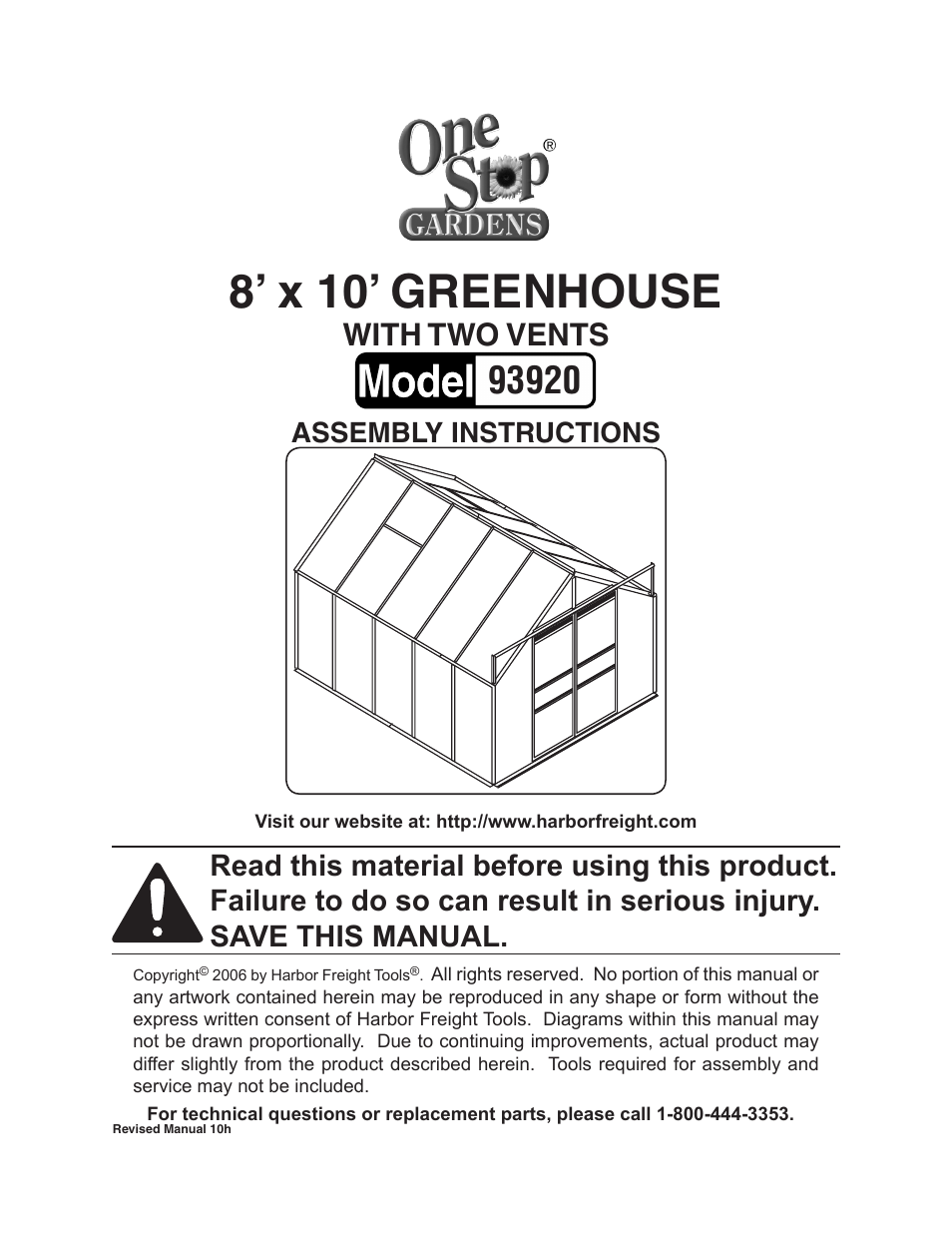 Harbor Freight Tools One Stop Gardens 8' x 10' Greenhouse with Two Vents 93920 User Manual | 19 pages