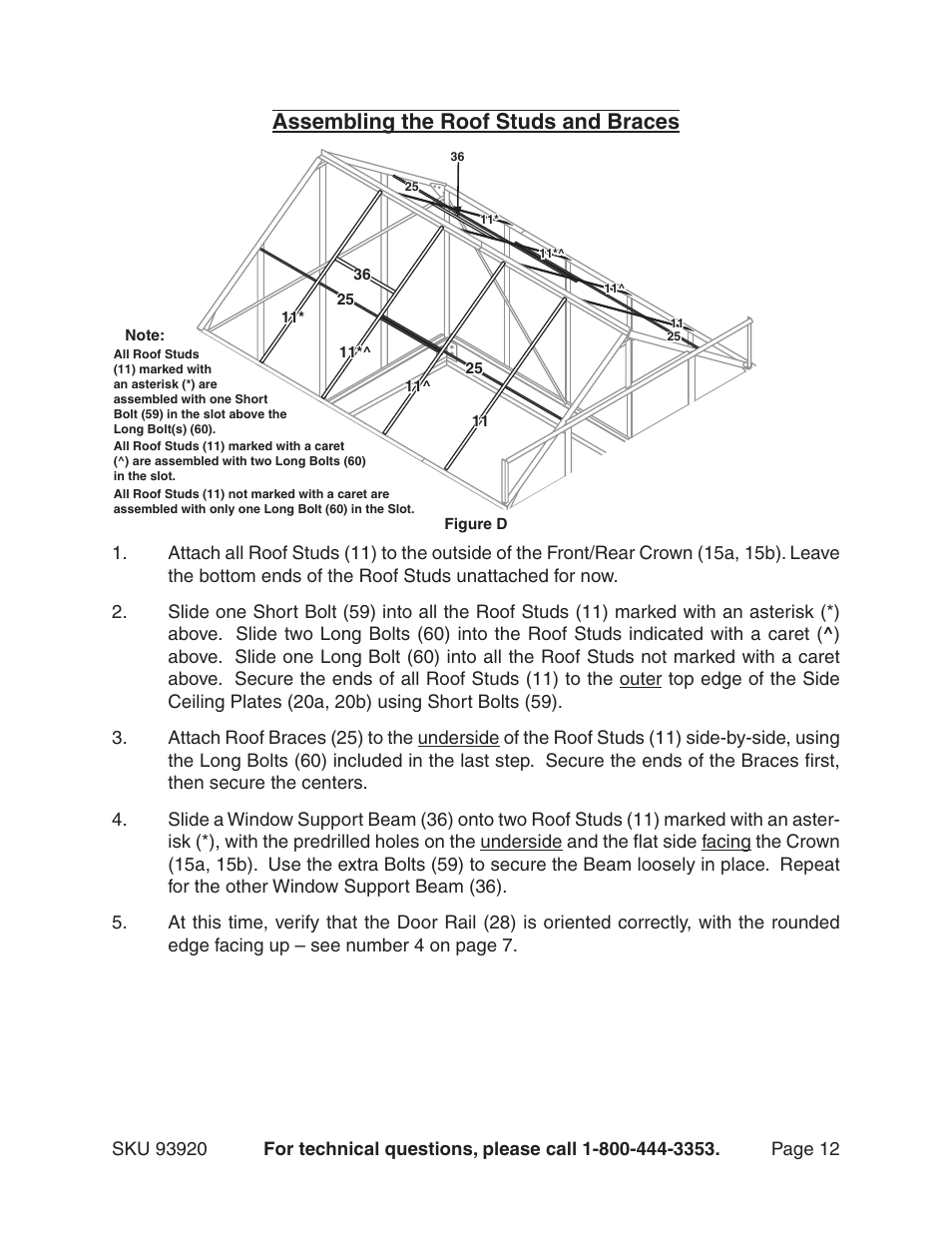 Assembling the roof studs and braces | Harbor Freight Tools One Stop Gardens 8' x 10' Greenhouse with Two Vents 93920 User Manual | Page 12 / 19