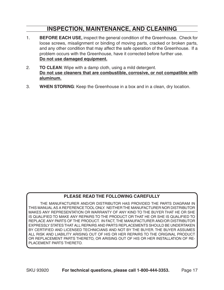 Inspection, maintenance, and cleaning | Harbor Freight Tools One Stop Gardens 8' x 10' Greenhouse with Two Vents 93920 User Manual | Page 17 / 19