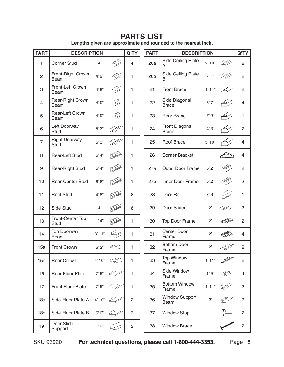 Parts list | Harbor Freight Tools One Stop Gardens 8' x 10' Greenhouse with Two Vents 93920 User Manual | Page 18 / 19