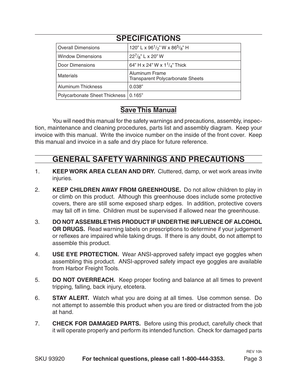 Specifications, General safety warnings and precautions, Save this manual | Harbor Freight Tools One Stop Gardens 8' x 10' Greenhouse with Two Vents 93920 User Manual | Page 3 / 19