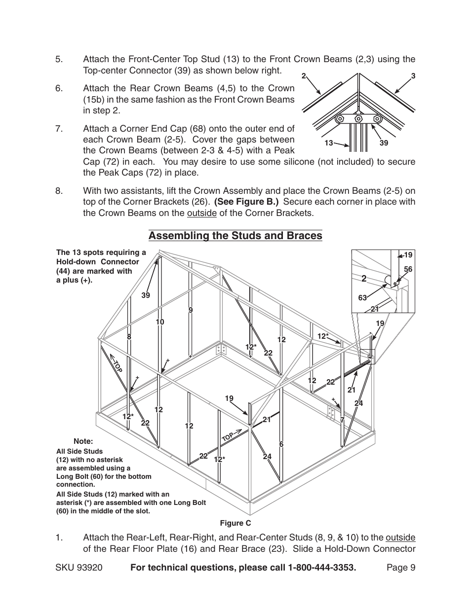 Assembling the studs and braces | Harbor Freight Tools One Stop Gardens 8' x 10' Greenhouse with Two Vents 93920 User Manual | Page 9 / 19