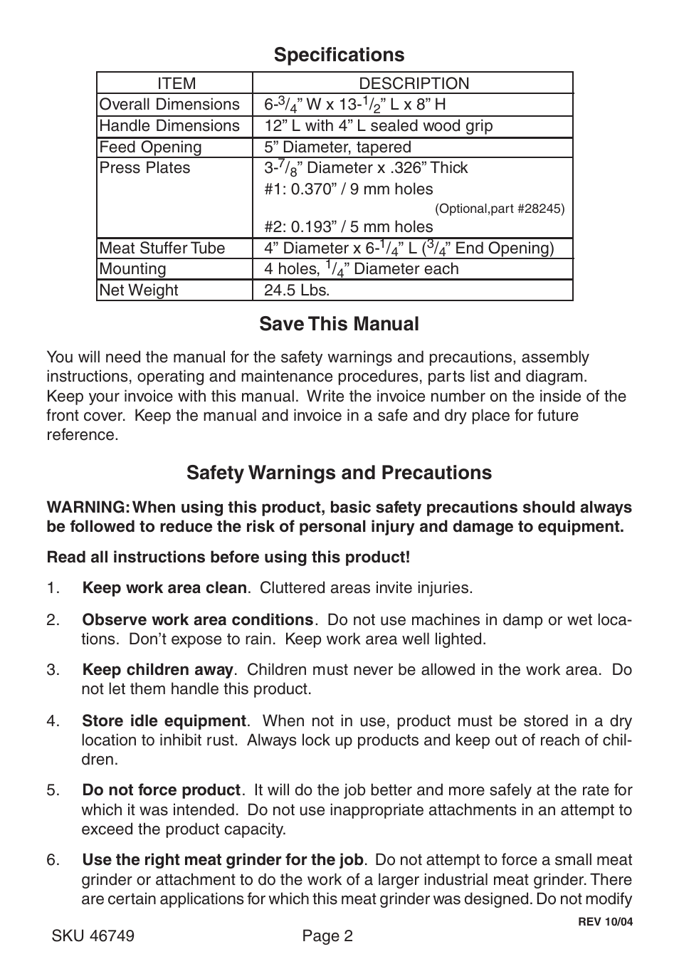 Specifications save this manual, Safety warnings and precautions | Harbor Freight Tools 46749 User Manual | Page 2 / 6